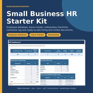 May include: A digital Small Business HR Starter Kit by EverlanceAutomation featuring an HR dashboard with tables for headcount, employment type, and leave requests. Includes employee database, leave tracker, and onboarding checklists.