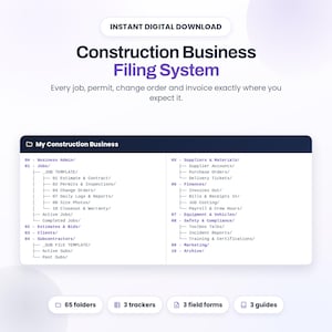 Puede incluir: Un sistema de archivo digital titulado Construction Business Filing System. Muestra una estructura jerárquica de carpetas para administración, trabajos, presupuestos, clientes, subcontratistas, finanzas y cumplimiento de seguridad.