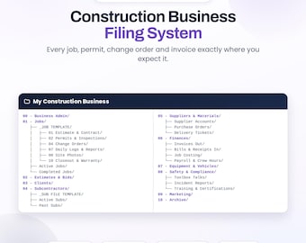 Construction Business Filing System | 65 Folder Google Drive Structure for Contractors + Job Cost, Bid Log & Subcontractor Trackers