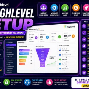 May include: A digital marketing service graphic for GoHighLevel setup featuring a central dashboard interface with analytics, funnel performance charts, and workflow automation diagrams, surrounded by purple and black informational panels.