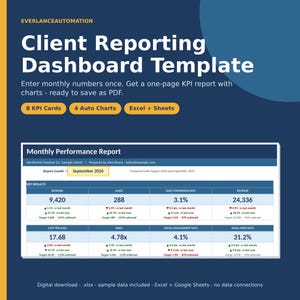 Client Reporting Dashboard Template - Monthly KPI Report with Charts, Targets, Year-over-Year - Excel + Google Sheets (Digital Download)