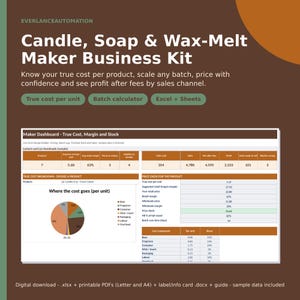 May include: A digital business kit for candle, soap, and wax-melt makers titled EverlanceAutomation. It includes a Maker Dashboard spreadsheet with cost, margin, and stock data, a pie chart showing cost breakdown, and price check tables.