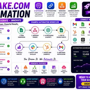 Puede incluir: Una infografía titulada MAKE.COM AUTOMATION que presenta un diagrama de flujo de trabajo, iconos de aplicaciones y métricas de rendimiento. Muestra secciones para funciones de automatización, un flujo de trabajo paso a paso y un panel.
