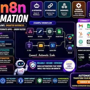 May include: An n8n automation infographic featuring a dark background with neon accents. It displays workflow diagrams, app integration icons, a small white robot character, and text including "n8n AUTOMATION," "CONNECT 1000+ APPS," and "AUTOMATE TODAY TRANSFORM YOUR BUSINESS TOMORROW."