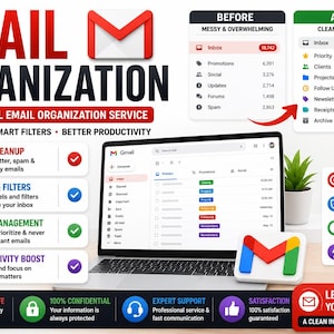 Könnte beinhalten: Eine digitale Grafikwerbung für einen Gmail-Organisationsdienst mit einem Laptop, der eine E-Mail-Oberfläche anzeigt, Vergleichen von Posteingängen sowie Text zu E-Mail-Verwaltung, Filtern und Produktivitätsvorteilen.