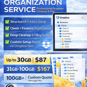 May include: An advertisement for a Dropbox organization service. The image features the Dropbox logo, service details, and pricing tiers. Key features include structured folders, client and finance organization, and custom setups. A laptop screen displays a Dropbox file structure.