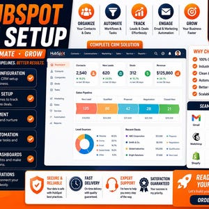 May include: A digital infographic for HubSpot CRM setup services featuring a central dashboard display, lists of configuration features, integration icons, and service benefits. The layout uses orange, white, and dark blue text and graphics.