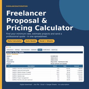May include: A digital Freelancer Proposal & Pricing Calculator spreadsheet template. The interface displays tabs for instructions, settings, rate calculator, estimator, quote, profit check, and log. A sample quote for Harbor & Pine Studio is visible.