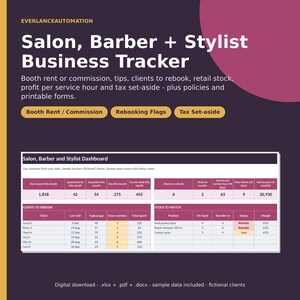 Könnte beinhalten: Ein digitaler Business-Tracker für Salons, Barbiere und Stylisten mit einem Dashboard für Kunden- und Bestandsverwaltung. Der Text enthält EverlanceAutomation, Salon, Barber + Stylist Business Tracker sowie Datenfelder für Einkommen, Trinkgelder und Steuerrücklagen. Digitaler Download inklusive .xlsx, .pdf und .docx Dateien.