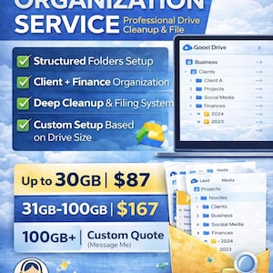 May include: An advertisement for a Google Drive organization service. The image features a laptop displaying a file structure, along with a document folder, coins, and a magnifying glass. Text includes service features and storage options.