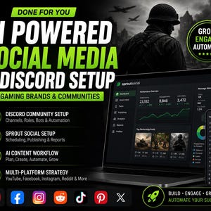 May include: An advertisement for AI-powered social media and Discord setup for gaming brands. The image features a laptop and smartphone displaying social media analytics, with text highlighting services like Discord community setup and AI content workflow.