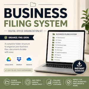 May include: A laptop displaying a "Business Filing System" digital office organization kit. The screen shows a folder structure for organizing files, documents, and data. The image includes icons for Google Drive, Dropbox, and OneDrive, with the text "Instant Download."