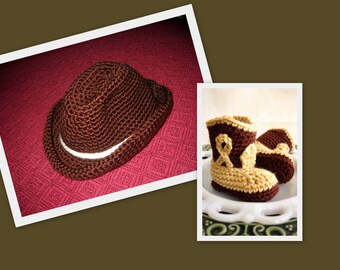 2 Piece Cowboy Hat & Booties Set Boy Girl Infant Toddler Baby Shower Gift Homecoming Costume