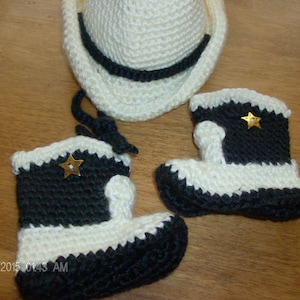 2 Piece Ivory Black Cowboy Hat & Booties Set Boy Infant  Baby Shower Gift Costume Ready to Ship