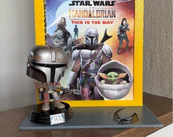 Mandalorian display- Premade display & stand  with imprinted Mudhorn logo on the base for your Golden Book or Pop. 3d printed, stand only