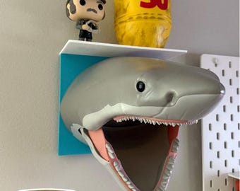 Jaws Popcorn Bucket Wall Mount with Display Shelf - 3D Printed blue and white wall mount ONLY