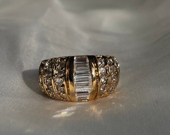 Chunky Vintage Gold Plated Baguette Ring, Vintage Rhinestone Cocktail Ring, Size 5.75, 6.75, 8