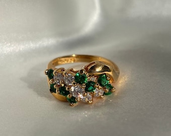 Vintage Gold Plated Green Rhinestone Ring, Vintage Cocktail Ring, Sizes 6, 6.25, 6.75, 7, 7.5, 8, 8.25, 9