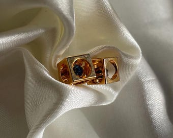 Vintage Gold Tone Caged Blue Rhinestone Square Stud Earrings