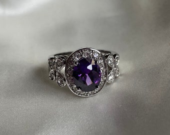 Vintage Silver Plated Purple Rhinestone Ring, Retro Cocktail Ring, Size 8
