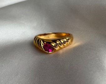 Vintage Gold Plated Pink Rhinestone Ring, Vintage Cocktail Ring, Size 5, 6.75, 7.75, 9.75