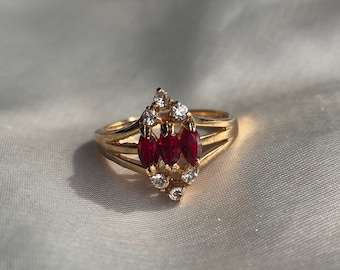 Vintage Gold Plated Red Rhinestone Ring, Vintage Cocktail Ring, Size 10