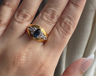 Chunky Vintage Gold Plated Blue Rhinestone Ring, Size 5.75, 8, 8.75