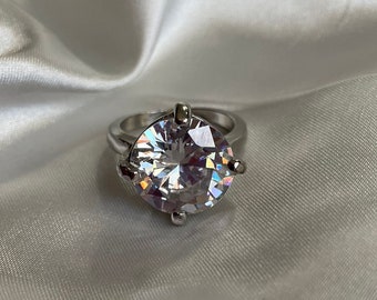 Chunky Vintage Silver Tone Rhinestone Ring, Vintage Cocktail Ring, Size 7.25