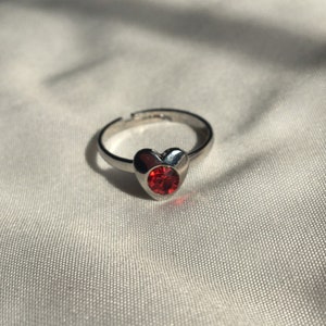 Vintage Silver Tone Red Rhinestone Heart Ring, Adjustable Vintage Ring