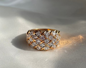 Chunky Vintage Gold Plated Rhinestone Ring, Vintage Cocktail Ring, Size 6.25, 6.5