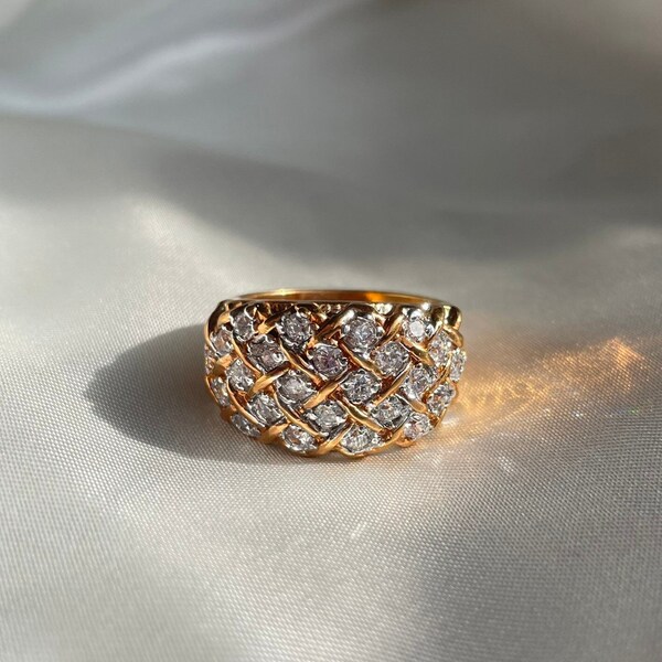 Chunky Vintage Gold Plated Rhinestone Ring, Vintage Cocktail Ring, Size 6.25, 6.5