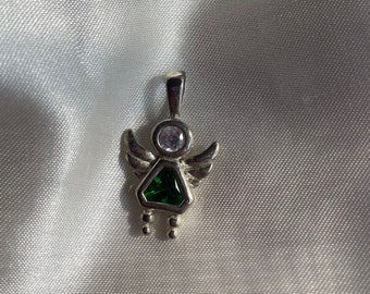 Vintage 925 Sterling Silver May Emerald Green Crystal Birthstone Angel Charm, Vintage Birthstone Jewelry, No Chain Just Charm