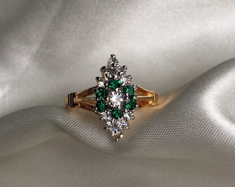 Vintage Gold Plated Green Rhinestone Ring, Vintage Cocktail Ring, Size 10