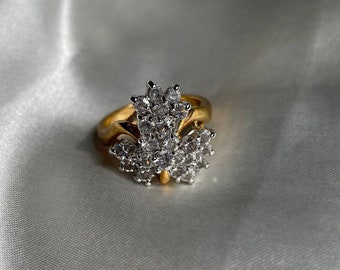 Vintage Gold Plated Rhinestone Leaf Ring, Vintage Cocktail Ring, Size 6