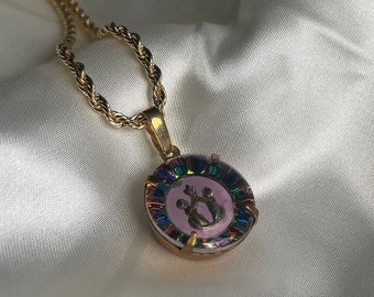 Gold Iridescent Gemini Zodiac Glass Intaglio Necklace, Vintage Horoscope Charm