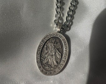 Vintage Silver Tone Pewter Saint Christopher Necklace, Vintage Religious Jewelry