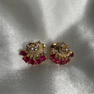 Vintage Gold Plated Pink Rhinestone Earrings, Gold Costume Jewelry