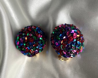 Vintage Colorful Sequin Gold Tone Clipon Earrings