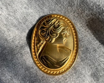 Vintage Gold Tone Cameo Brooch Pin, Retro Costume Jewelry