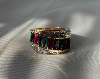 Chunky Vintage Gold Plated Baguette Rhinestone Ring, Vintage Colorful Ring, Size 5.75, MISSING RHINESTONES