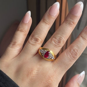 Chunky Vintage Gold Plated Red Rhinestone Ring, Vintage Cocktail Ring, Size 6, 9, 9.75, 10 image 1