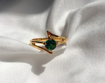 Vintage Gold Plated Green Rhinestone Ring, Vintage Cocktail Ring, Size 8.75