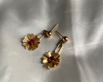 Vintage Gold Tone Flower Earrings with Red Rhinestones