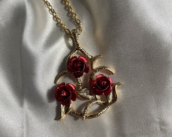 Vintage Gold Tone Red Rose Flower Pendant Necklace, Retro Costume Jewelry