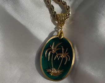 Green Gold Glass Intaglio Palm Tree Necklace, Vintage Green German Glass Pendant, Gold Plated Chain