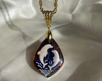 Gold Glass Intaglio Dolphin Fish Pendant, Vintage Glass Pendant, Gold Plated Chain