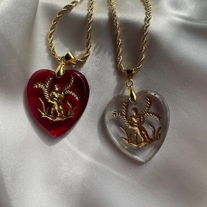 Gold Aquarius Glass Intaglio Heart Pendant Necklace, Vintage Zodiac Horoscope Pendant