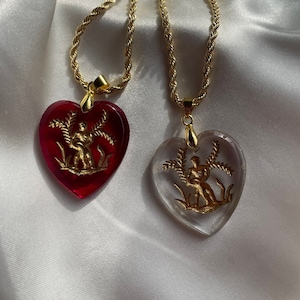 Gold Aquarius Glass Intaglio Heart Pendant Necklace, Vintage Zodiac Horoscope Pendant image 1