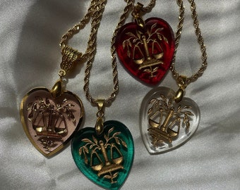 Gold Libra Glass Intaglio Heart Pendant Necklace, Vintage Zodiac Horoscope Pendant