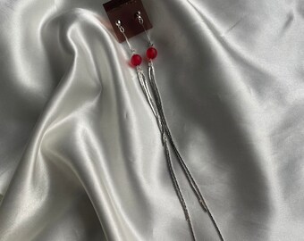 Vintage Silver Red Tassel Earrings, Vintage Shoulder Duster Earrings, 80s Costume Jewelry